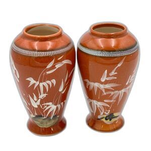 Asian-Inspired Hand-Painted Ceramic Vases – Burnt Orange with a Bamboo Design